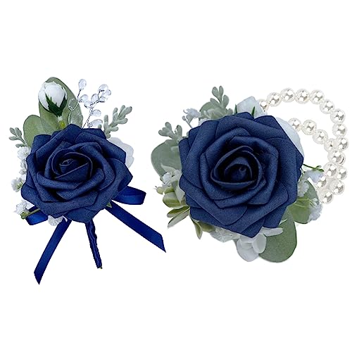 CherishedMoments Corsage and Boutonniere Set, Dark Blue Rose Handmade Artificial Flower Wrist Corsage and Groom Boutonniere for Seaside Wedding,Bridesmaid Hand Flower,Prom Suit Decorations - color: Dark Navy Blue