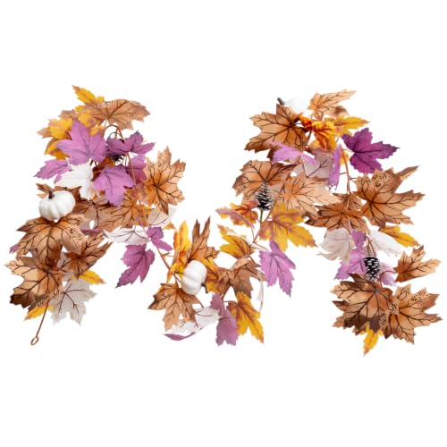 MAKHOT 5.2Ft Artificial Maple Leaves Garland Pumpkin and Pine Cones Decor | Autumn Winter Eucalyptus Vines for Table Home Wedding Mantle Party Fireplace Decor - color: Purple Maple-1pcs