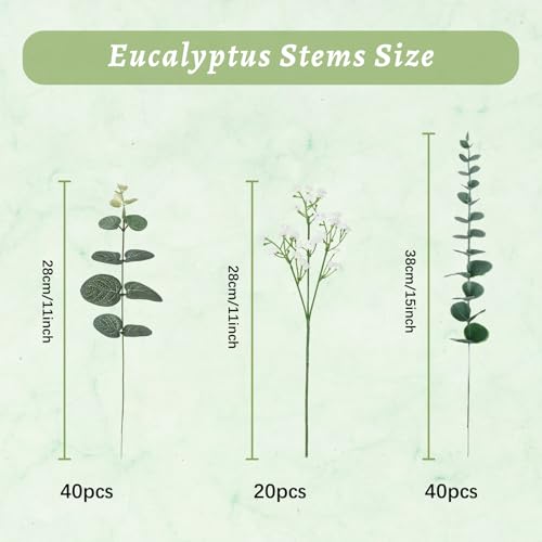100PCS Artificial Eucalyptus Stems with Fake Baby's Breath Flowers Bulk, 3 Kinds Mixed Faux Silver Dollar Eucalyptus Leaves Greenery Stems for Wedding DIY Bouquets Floral Wreath Home Decor