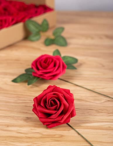 25pcs Artificial Flower Foam Rose Real Touch Roses Flower Heads with Stem for DIY Wedding Bouquets Centerpieces Arrangements Party Baby Shower Home Decor (Dark Red) - color: Dark Red