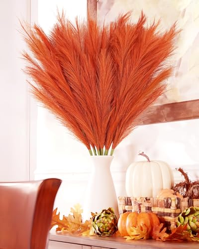 obbsie 8pcs Orange Pampas Grass Tall, 35" Fluffy Faux Colored Pompas Grass Artificial Orange Pampas Stems Vase Filler Fall Flower Arrangement for Home Wedding Centerpieces Autumn Bohe Decor - color: Orange, size: 8 PCS