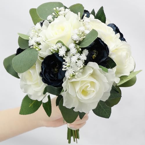 Wedding Bouquets for Bride, 11 Inch Bridesmaids Bouquets Artificial Flower Bouquets for Wedding Ceremony Bridal Shower Decorations - Navy Blue & White - color: Navy Blue & White