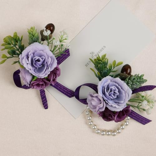 Alizeal 2Pcs of Wrist Corsage and Boutonniere Set, Artificial Flowers Accessories Suit Decor for Wedding Prom Party Homecoming Ceremony, Pastel Lilac - color: 701-pastel Lilac