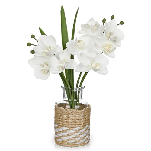 Oairse White Orchids Artificial Flowers with Vase, Small Faux Orchid Arrangement Fake Flower in Woven Glass Vase Small White Centerpieces for Kitchen Dining Room Tables Bathroom Nightstand Decor - color: White # Clear