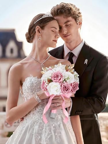 Wedding Bouquets for Bride & Bridesmaid, 9 Inch Artificial Rose Bridal Bouquet, Ivory White & Pink Silk Flowers for Wedding Ceremony, Church, Party Decoration (White Pink) - color: White Pink