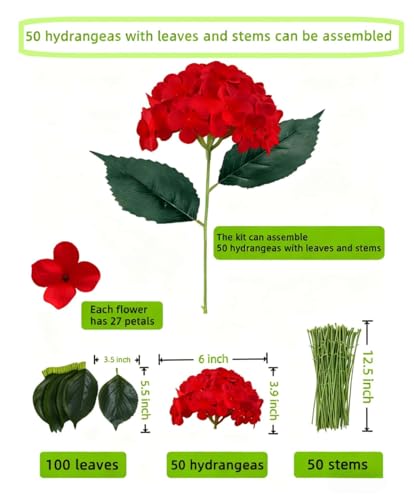 50 Pack Artificial Red Hydrangea Flowers with Leaves, 6 Inch Silk Flower Heads, DIY Mother's Day Wedding Decor Set with 100 Leaves, 50 Stems - color: Red