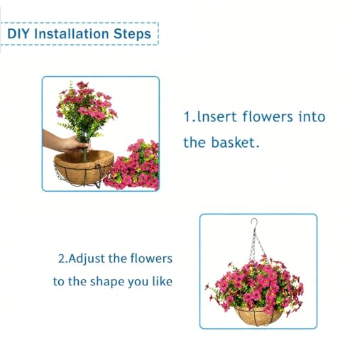 Artificial Hanging Flowers for Outdoors with Basket,UV Resistant Realistic Faux Hanging Plants Outdoor Artificial Flowers for Outdoors Basket for Yard Porch Patio Home Decor,12 Bundles(Rose Red) - color: Rose Red