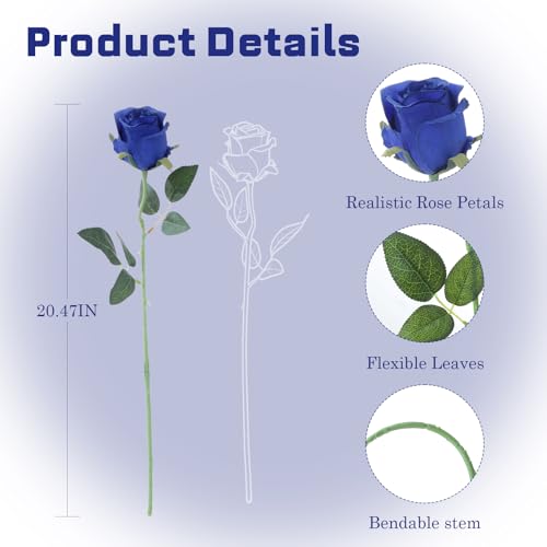 12Pcs Realistic Fake Roses Faux Flowers with Long Stems, Artificial Silk Rose Flowers for Valentines Day Home Wedding Decor Bridal Bouquet (Blue) - color: Blue