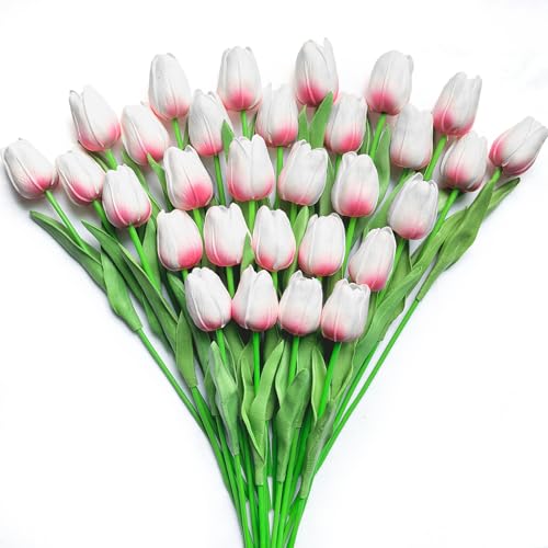 30 PCS Artificial Tulips Real Touch Tulips 13.5inch Long Stem Fake Flowers Silk Flowers for Spring Easter Mother's Day Decorations (White×Pink) - color: White×pink