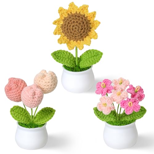 Weldomcor Crochet Flower Cute Potted Plants Fake Knitted Sunflower Tulips Mini Flowers Pot for Desk Office Car Dashboard Window Home Decor, Gift for Teachers Mother Day Valentines Anniversary Birthday - color: Sunflower+tulip+myosotis
