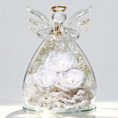 Beferr Gifts for Mom Birthday Gifts for Women, Fresh Flowers for Delivery Forever Preserved Rose in Glass Angel Figurine, Anniversary Christian Real Rose for Grandma Wife Mother from Daughter Son - color: C White