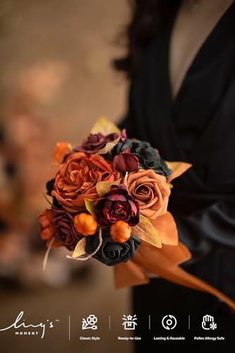 Ling's moment Fake Flowers Box, Faux Artificial Greenery Stems Foam Roses Silk Peony Eucalyptus Fabic Flower for Centerpieces Bouquet Wedding Vase Floral Decorations, Black & Orange, Mini Combo - color: Black & Orange