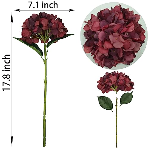 Red Hydrangea Artificial Flowers,6 Pcs Faux Hydrangea Flowers,Artificial Hydrangeas Flowers with Stems,Fake Hydrangeas,Red Silk Flowers with Stems for Home Decor (6, Dark red) - color: Dark Red