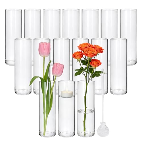 16 Pack Glass Cylinder Vase, 7.67" H×2.36" W Clear Vases for Centerpieces, Flower Vases for Bouquet,Hurricane Vase Ideal for Wedding Table Centerpieces, Floating Candles & Bouquet Arrangements - size: Smooth-16PCS