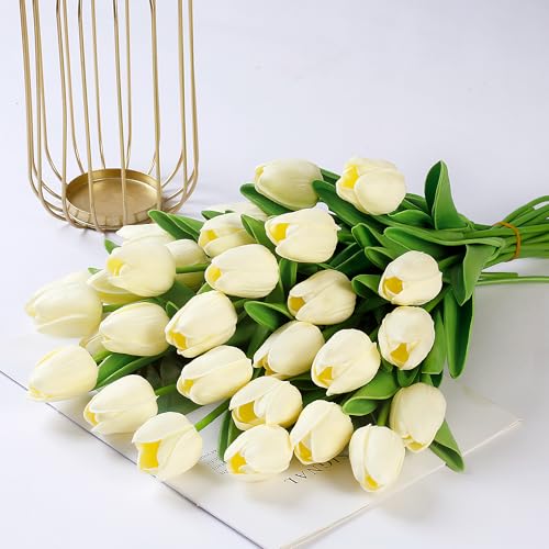 Sggvecsy 15 Pcs Fake Tulips Artificial Flowers Real Touch PU Faux Flowers Tulip Stems for Wedding Spring Bouquet Floral Arrangement Home Party Office Decorations for Mother's Day (Milk White) - color: Milk White, size: 15 Pcs