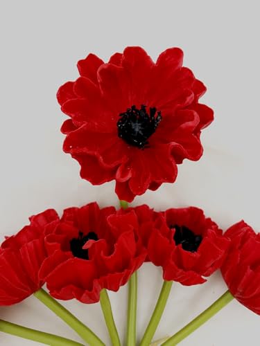 Artificial Poppy Flowers Bouquet High Quaulity Fresh Luxury Vintage PU Faux Silk Flowers - Large Real Touch Blooms for Wedding Birthday Home Decor Table Centerpiece Vase (6, Red) - color: Red