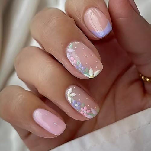 Flower Press on Nails Short Square Fake Nails Nude False Nails with Embossed Flowers Designs Glossy Full Cover Dots Stick on Nails Glue on Nails Spring Acrylic Nails for Women Girls 24 Pcs - color: Flower Square24