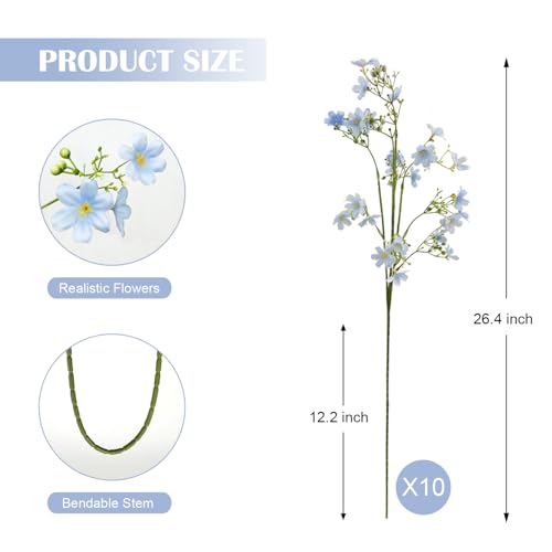 10 PCS Silk Flowers with Long Stems Artificial Flower for Tall Vase Outdoors Fake Babys Breath Bouquet Faux Floral Wedding Party Decoration Home Indoor Table Centerpiece Decor (Light Blue) - color: Light Blue