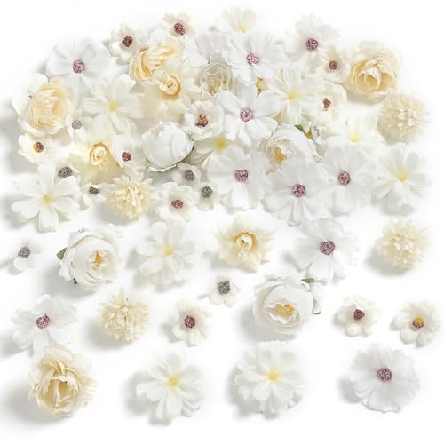 rongflower Faux Flower Heads Mini White Artificial Flower Heads Fake Peony Daisy Rose Flowers Multicolor Small Silk Daisy Flower Heads for Craft Garland Wedding Party DIY Home Decoration,2-4 cm - color: White