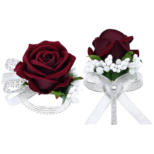 2Pcs Burgundy Rose Corsage and Men Boutonniere Set Women Wristlet Band Wrist Bracelets, for Prom Wedding Ceremony Flowers Decorations and Homecoming Party Accessories - color: Burgundy, size: 1 Boutonniere & 1 Wrist Corsage