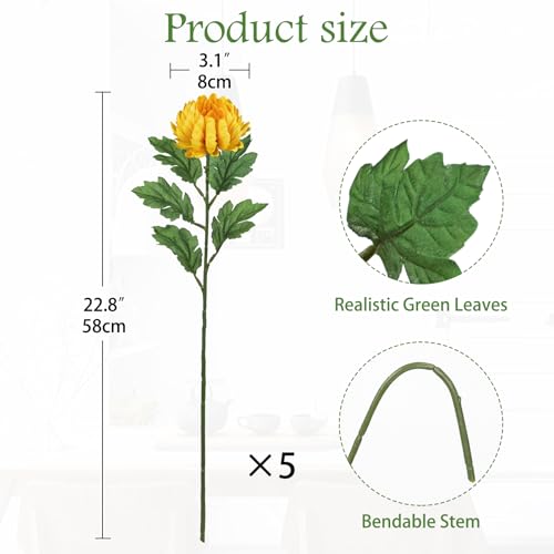 Hollyone 5Pcs Fake Mums Flowers Yellow Artificial Chrysanthemum Flowers Silk 22.8inch Long Stem Floral Arrangements Bouquets Faux Spider Mum Flower Pincushion Flower Bush Spring Home Decor - color: Yellow