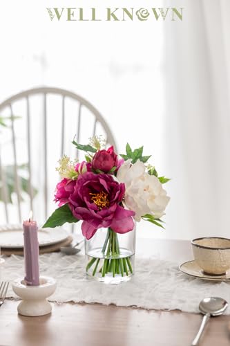 WELL KNOWN Artificial Flowers in Glass Vase with Fake Water, Silk Peony Flower Bouquet for Home Dinning Tea Table, Office Desktop, Hotel, Wedding, Party, Lavatory Decor & Gift (Fuchsia & White) - color: Fuchsia & White