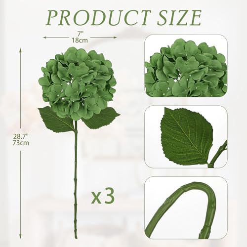 Hollyone 3Pcs Dark Green Hydrangea Artificial Flowers Real Touch Faux Silk Hydrangeas Flowers with Stem Fake Florals Flower for Home Wedding Table Centerpiece Vase Arrangements Decoration - color: Dark Green