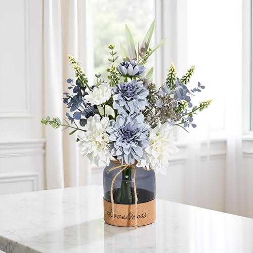 Fake Flowers in Vase,Silk Dahlias in Vases,Flower Arrangements Decoration | Fake Flowers in Vase,Silk Dahlias in Vases,Flower Arrangements for Table,Used for Home Office, Bathroom, Kitchen Decoration - color: Blue+white