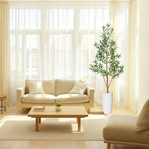 Timoo Faux Olive Tree 6Ft, Indoor Artificial Trees with Natural Wood Trunk and White Planter, Tall Fake Plants for Living Room, Bedroom and Office - color: Color 1