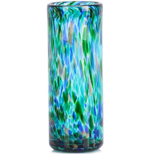9.45" Tall Teal Vase Hand Blown Glass Vase Green, Modern Teal Home Centerpieces Wide Mouth Vases for Bud&Flower Decor - Ideal Living Room, Kitchen, Wedding, Dining Table, Office Center Table