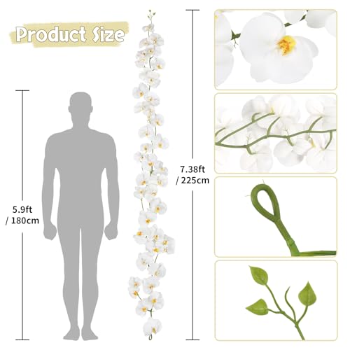 7.38ft White Orchid Garland Real Touch Latex Orchid Vine Hanging Artificial Orchids for Home Party Wedding Room Birthday Christmas Wall Arch Decor(White) - color: White