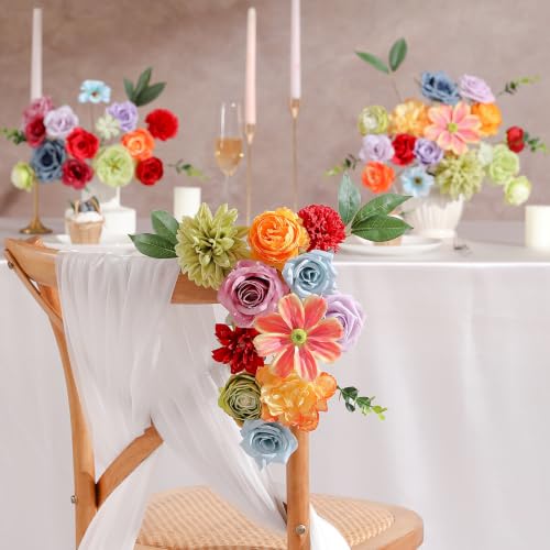 Garisey Artificial Flowers Combo, Mix Silk Flowers Roses, Peonies, Dahlias with Stems for DIY Wedding Bridal Bouquet, Baby Shower, Table Centerpiece, Home Decor, Fake Floral Arrangements-Rainbow Color - color: Rainbow Colorful
