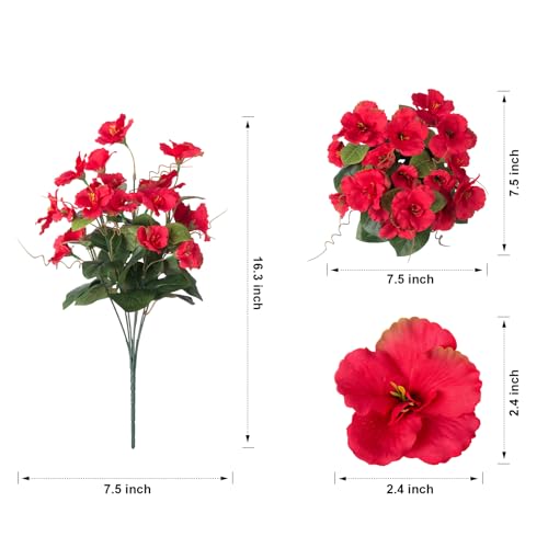 Hoppwodd Hibiscus Artificial Flowers for Outdoors Spring Decoration, 6 Bundles Faux Silk Flowers UV Resistant Look Real Artificial Tropical Flower Fake Plants for Outside Planter Porch Patio, Red - color: Red