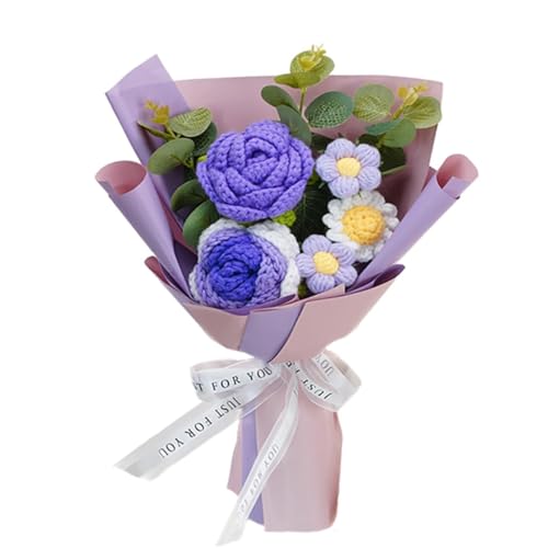 Crochet Flowers,Rose Artificial Flower Bouquet Packaging,Beautiful Crochet Flowers Suitable for Family Table Decoration, Gifts for Mother's Day,Women,Girlfriend,Mother, Birthday Wedding (Purple) - color: Purple