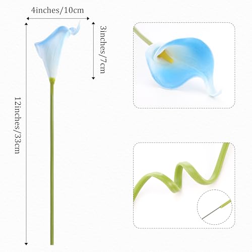 Artificial Calla Lily 12Pcs Blue Real Touch Faux Flowers for Wedding Bouquet, Bride Bridal Shower, Spring Home Kitchen Table Decor, Fake Lilies for Centerpieces, Party Decorations - color: White Blue