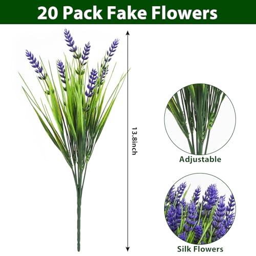 20 Bundles Artificial Plants Outdoor, UV Resistant Fake Flowers， Realistic Faux Lavender Shrubs for Porch Garden Window Box Home Decoration (Purple) - color: Purple
