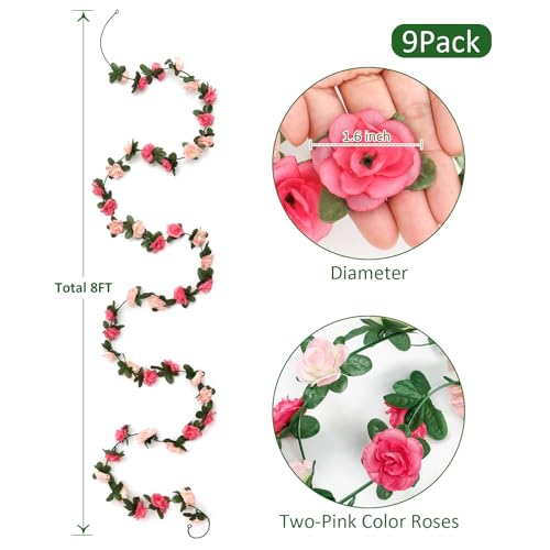KHOYIME 9 Pack 72 FT Artificial Flower Garland, Fake Pink Roses Vines Silk Flowers Faux Plastic Outdoor Hanging Floral Ivy Garland Decorations for Wedding Arch Bedroom Home Wall Backdrop Room Decor - color: Pink, size: 9pcs