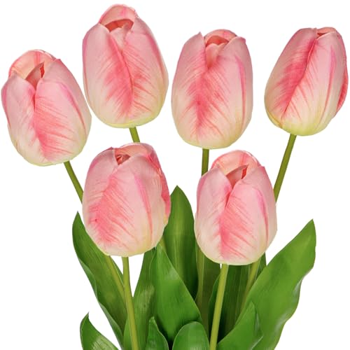 6PCS 23" Fake Tulip Flowers Artificial Pink Tulips Long Stem Faux Flower, Silk Flower Décor for Floral Arrangement Home Farmhouse Wedding Decoration - color: Pink
