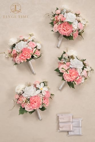TINGE TIME CoralPink Bridesmaid Bouquets Set of 4 7 Inch Wedding Bouquets Artificial Silk Flowers Bridal Bouquets for Bridesmaids, Wedding Decor, Anniversary, Party - color: Coralpink&white
