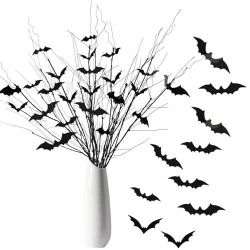 JUNEBRUSHS 8Pcs Curly Willow Branches with 36Pcs Halloween Bat Stickers | 29.5 Inch, Artificial Bendable Stems Black Branches, Halloween Wreath Home Party Decorations
