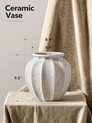 LE TAUCI 9.3" Ceramic Vase, Artisan Large White Ceramic Vase for Modern Farmhouse Home Decor, Substantial & Stable, Handcrafted Flower Vase, Living Room & Dining Room Table Centerpiece, Rustic White - color: White, size: 9.3 inch