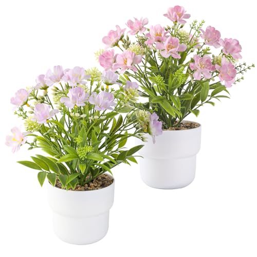 2-Piece Artificial Table Plant ， Lifelike Indoor Plants for Home, Office, Bedroom, Bathroom Decor ，Rustic Farmhouse Style mini Potted plantsry - color: Pink + Purple