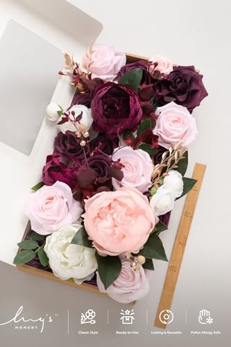 Ling's moment Fake Flowers Box, Faux Artificial Greenery Stems Foam Roses Silk Peonies Ranunculus Fabic Flower for Centerpieces Bouquet Wedding Vase Decorations, Berry Pink & Blush, Deluxe Combo - color: Red-berry Pink & Blush, size: Deluxe