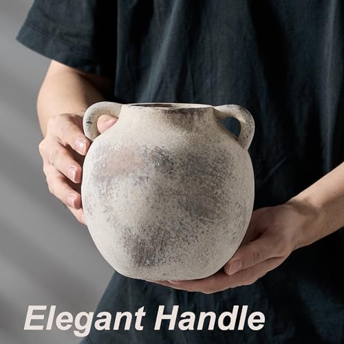 PORCER Antique Ceramic Vase, 5.8 Inch Terracotta Vase with Handles, Decorative Rustic Vase for Home Decor, Farmhouse, Living Room, Table, Bedroom, Entrance, Office - Gray - color: Gray-5.8''