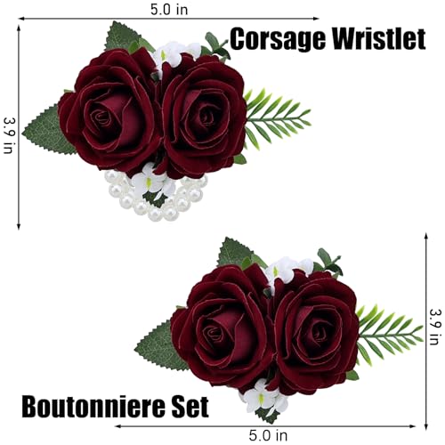 2Pcs Burgundy Rose Wrist Corsage Wristlet Band and Men Boutonniere Set, for Wedding Ceremony Artificial Flowers Accessories Homecoming Prom Suit Decorations - color: Burgundy