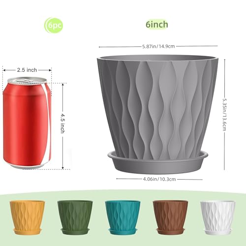 6 Inch Plant Pots, 6 Pack Indoor Flower Pots, Planters with Drainage Holes and Trays for Orchids, Violets, Succulents, Herbs, and Other Plants,Corolful - color: Colorful, size: 6inch