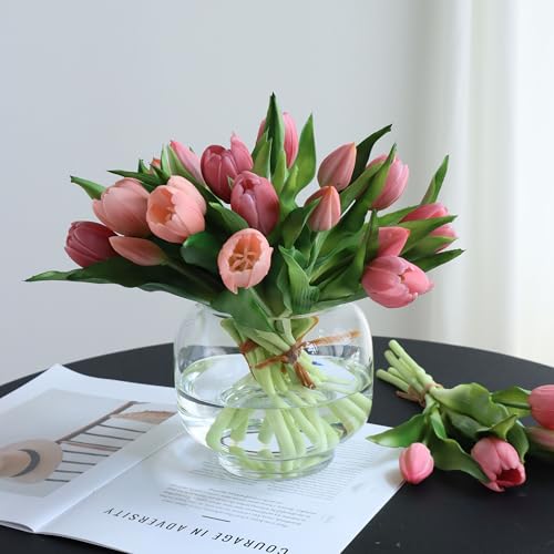 20 Pcs Artificial Pink Tulips, Real Touch Faux Tulip Flowers for Home Decor, Vase Arrangements, Romantic Gift for Her - color: Pink：romantic Home Decor Gift