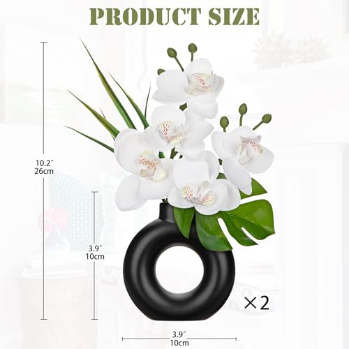 Briful Fake Orchid Flowers with Black Pot 2PCS White Orchid Silk Flowers Arrangement Artificial Orchid Plants for Home Office Room Kitchen Shelf Table Modern Decor - color: White Black