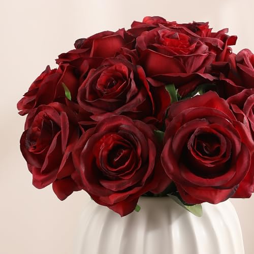 Veryhome Artificial Flowers Silk Roses Real Touch Bridal Wedding Bouquet for Home Garden Party Floral Decor 10 Pcs (Blooming Rose - Gradient Burgundy Red) - color: Blooming Rose - Gradient Burgundy Red