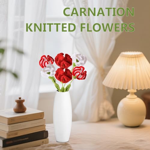 6Pcs Handmade Carnation Crochet Flower Bouquet, Completed Carnations Artificial Flower, Carnation Flower Wedding Bouquet (Red) - color: Red